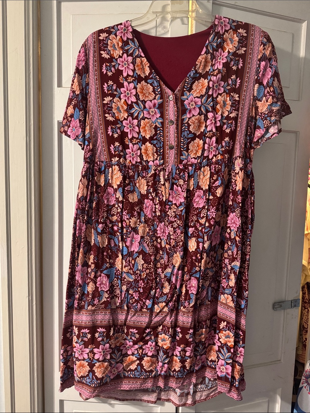 Boho Floral Dress in Burgundy with Pink & Peach Flowers